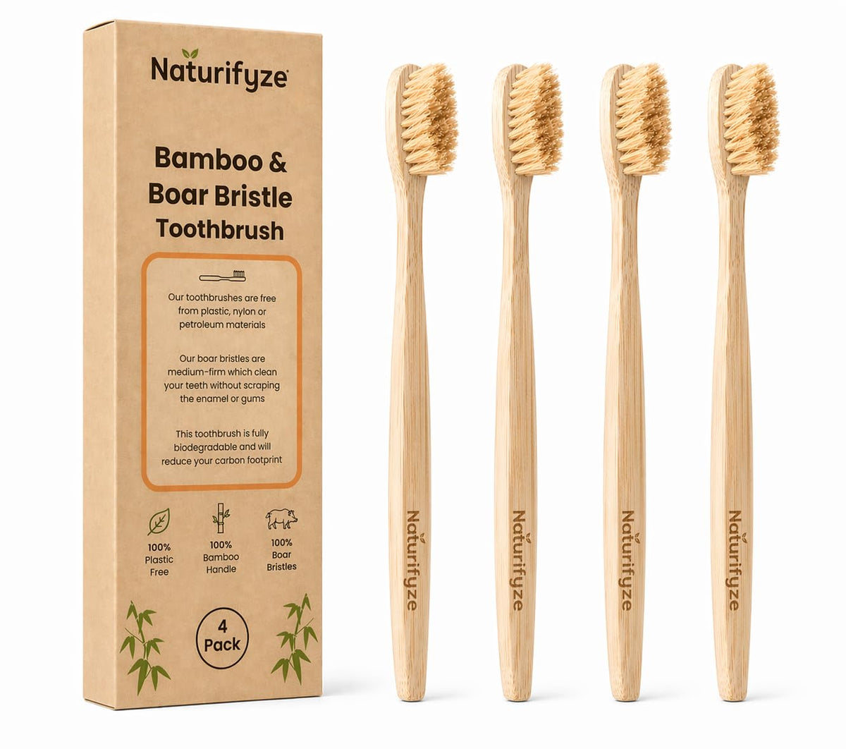 Naturifyze frente del pack mostrando 4 cepillos y beneficio eco