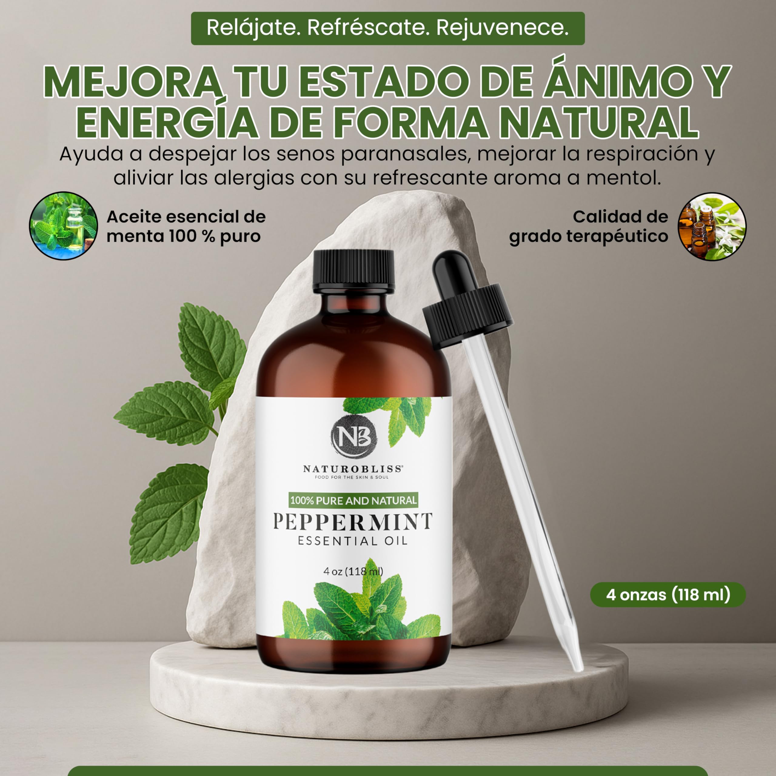 NaturoBliss botella junto a regla para comparar tamaño y capacidad