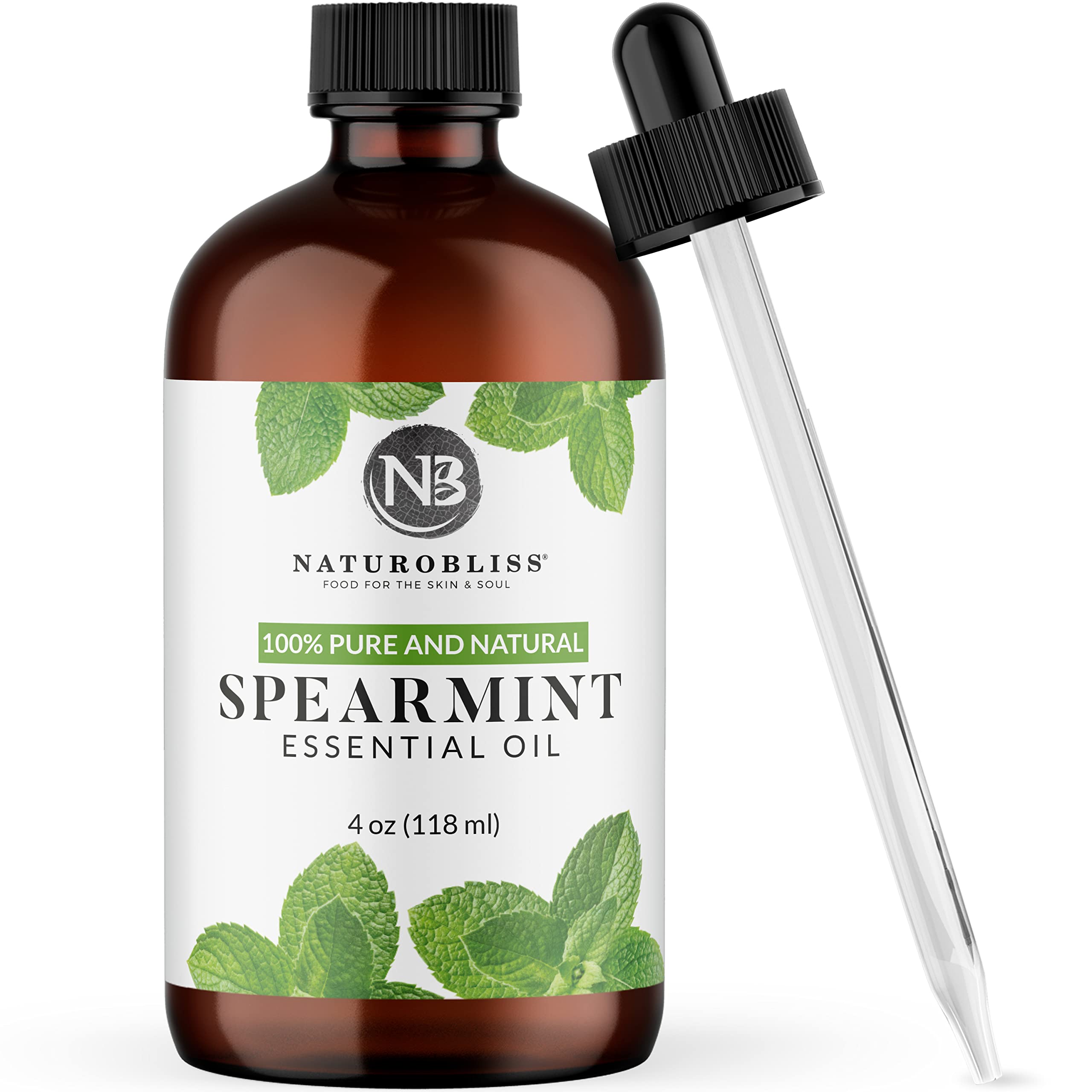 NaturoBliss frasco frontal mostrando aceite spearmint y frescura aromática