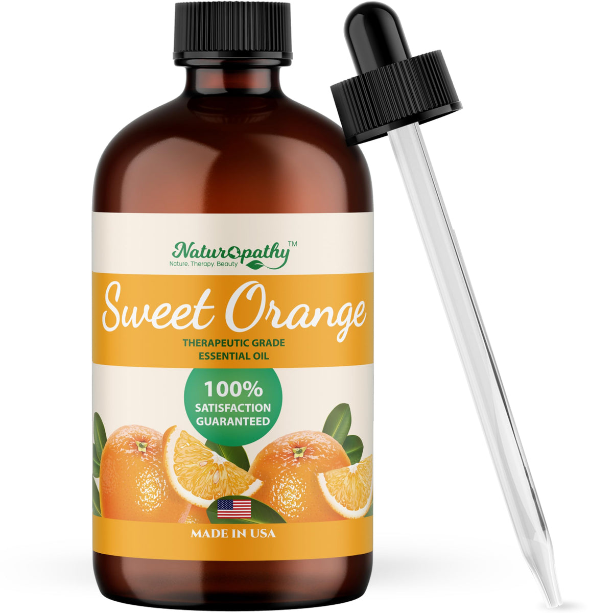 NATUROPATHY NATURE botella frontal con aceite naranja dulce, presentación confiable
