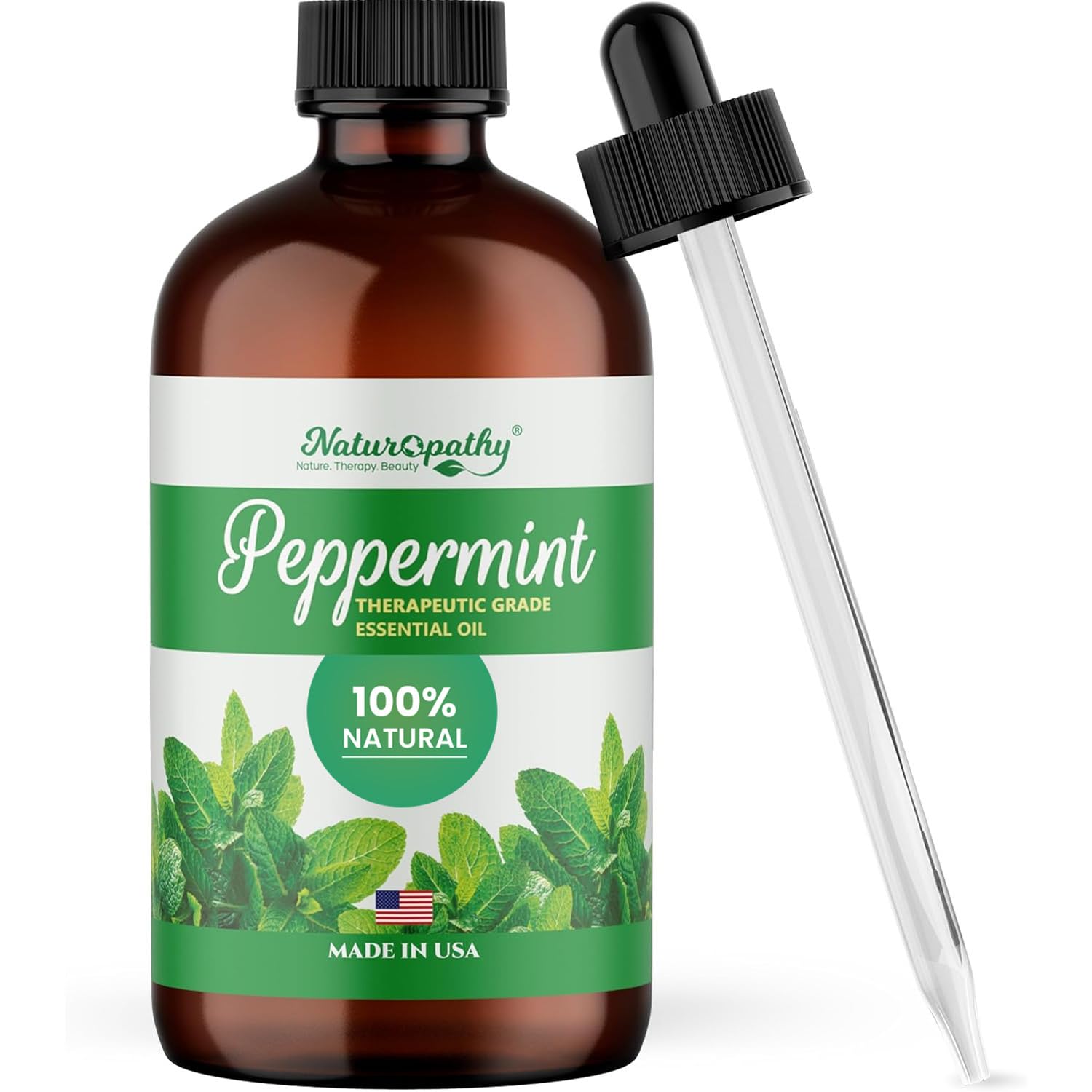 NATUROPATHY NATURE. THERAPY. BEAUTY botella frontal de aceite de menta con protección UV, presentación confiable
