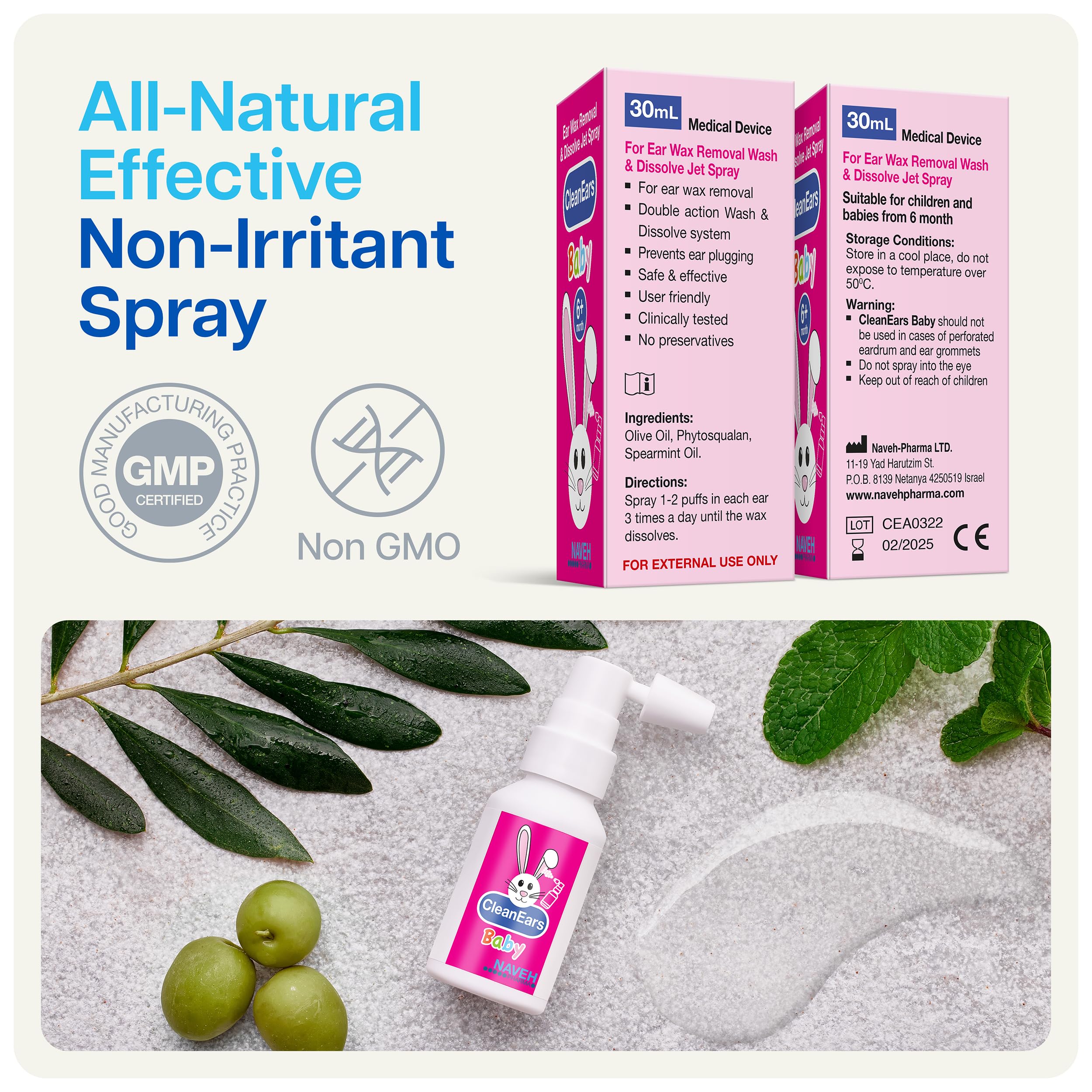 NAVEH PHARMA CleanEars Baby detalle del aplicador en niebla, control y comodidad