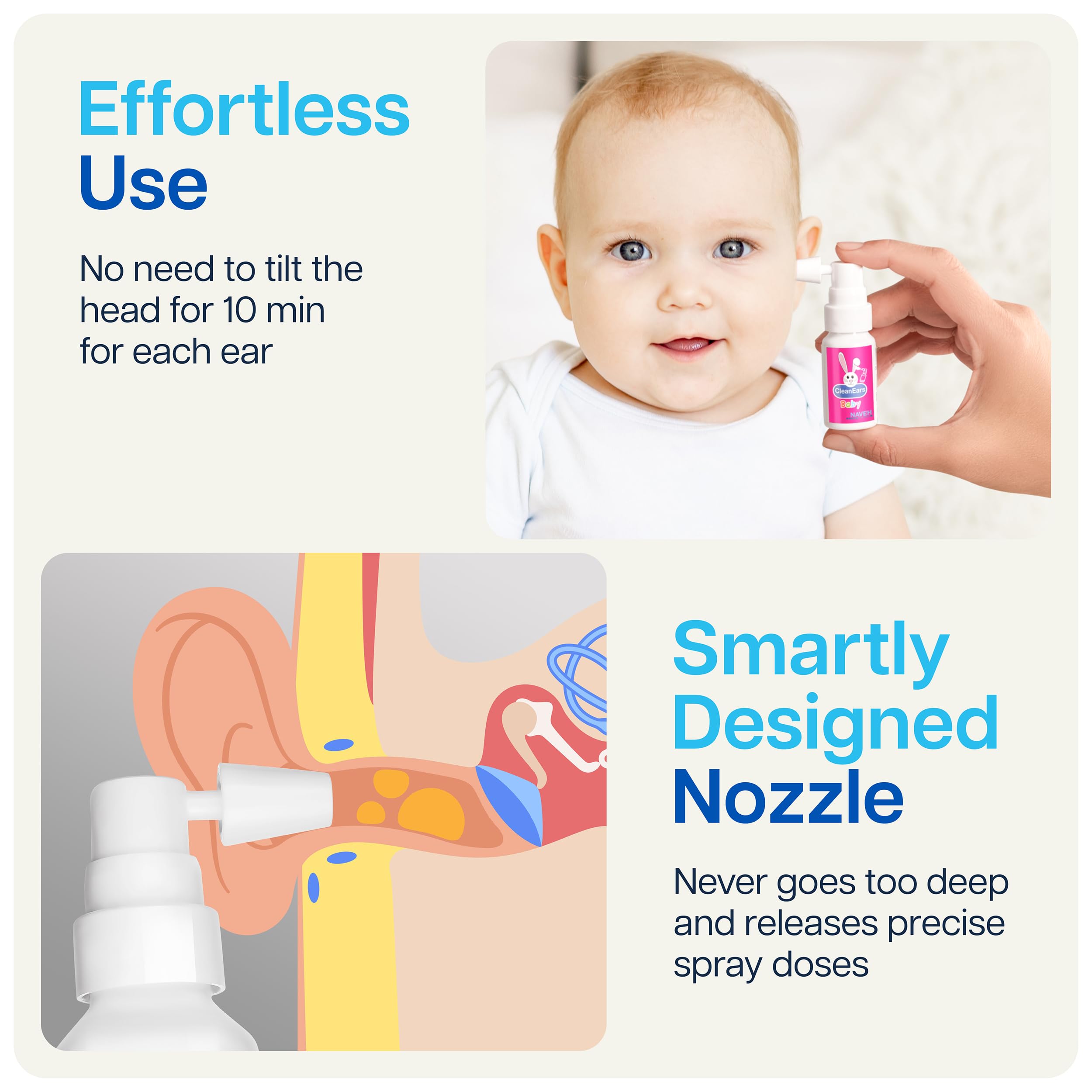 NAVEH PHARMA CleanEars Baby junto a un objeto para comparar tamaño, portátil y práctico