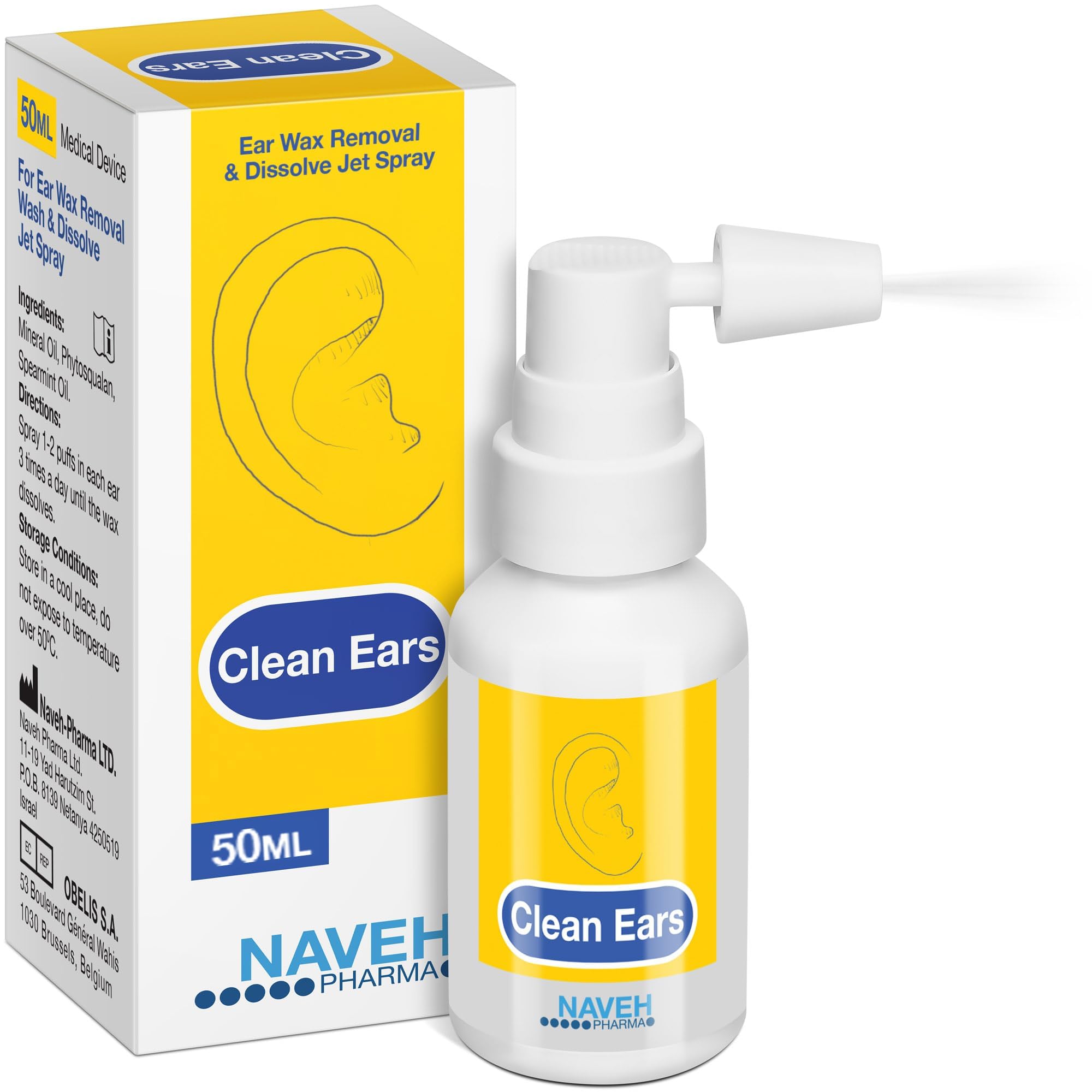 NAVEH PHARMA CleanEars vista frontal botella y etiqueta clara para identificación rápida