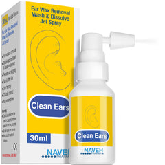 NAVEH PHARMA CleanEars frasco frontal mostrando diseño y tamaño beneficios prácticos