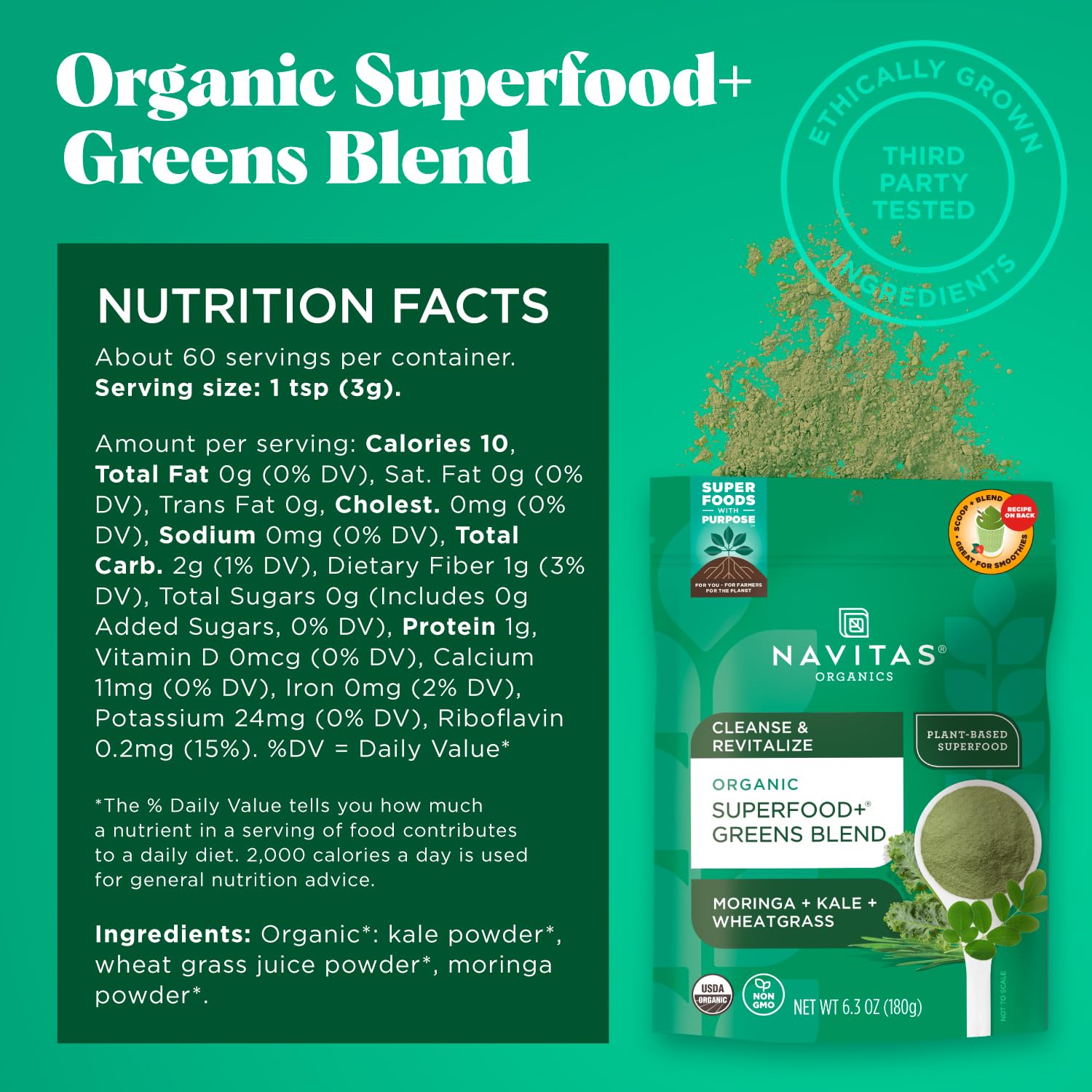 Navitas Organics polvo mezclado en batido verde para añadir nutrientes fácilmente