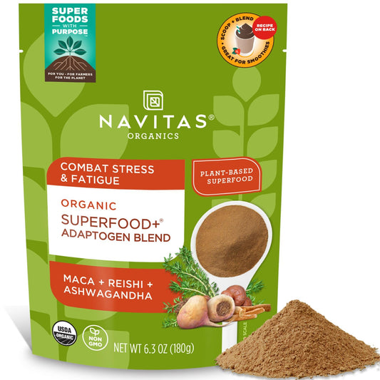 Navitas Organics vista frontal del empaque mostrando la marca y beneficios