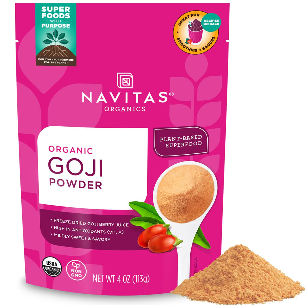 Navitas Organics frente del envase mostrando diseño y tamaño práctico