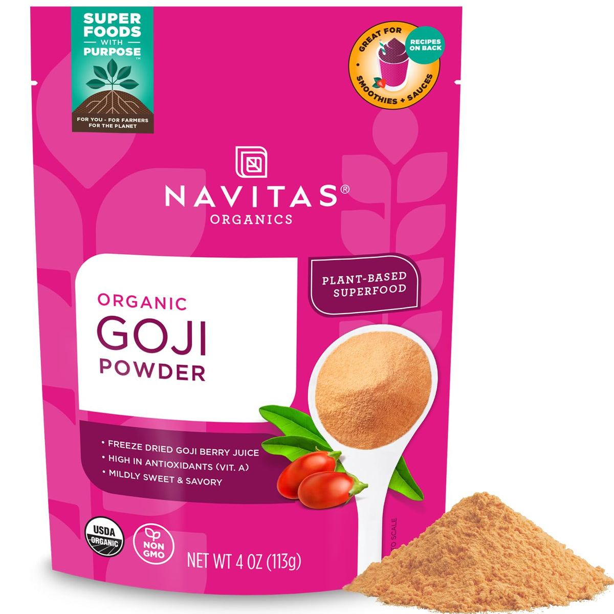 Navitas Organics frente del envase mostrando diseño y tamaño práctico