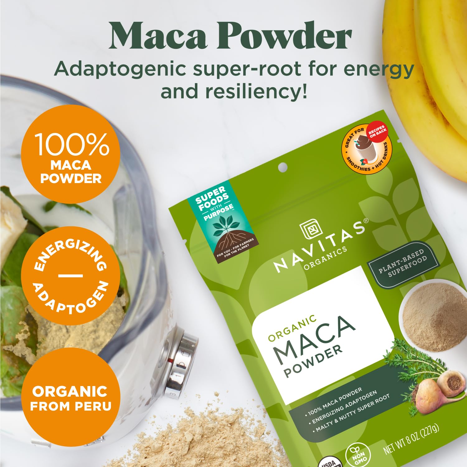 Navitas Organics maca en smoothie servida para energía y sabor natural