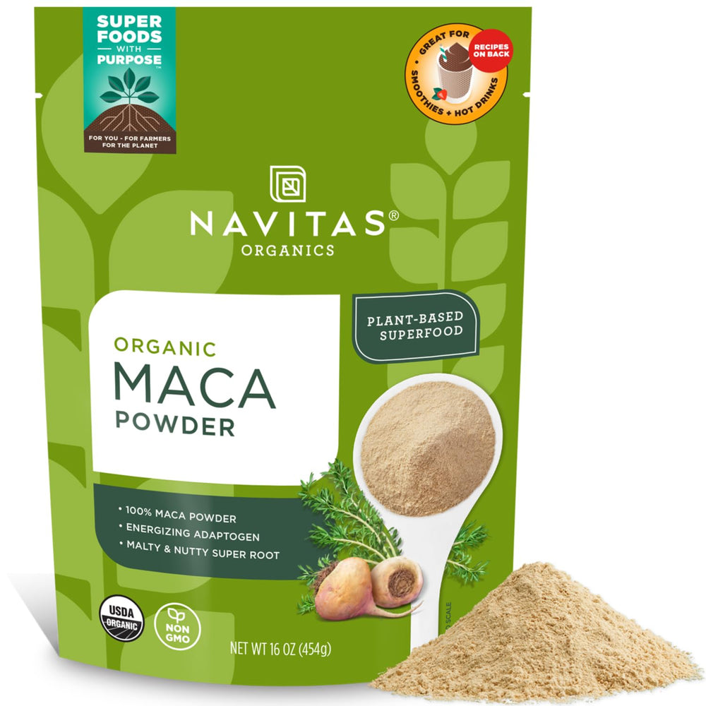 Navitas Organics maca frente del paquete mostrando marca y tamaño 16 oz
