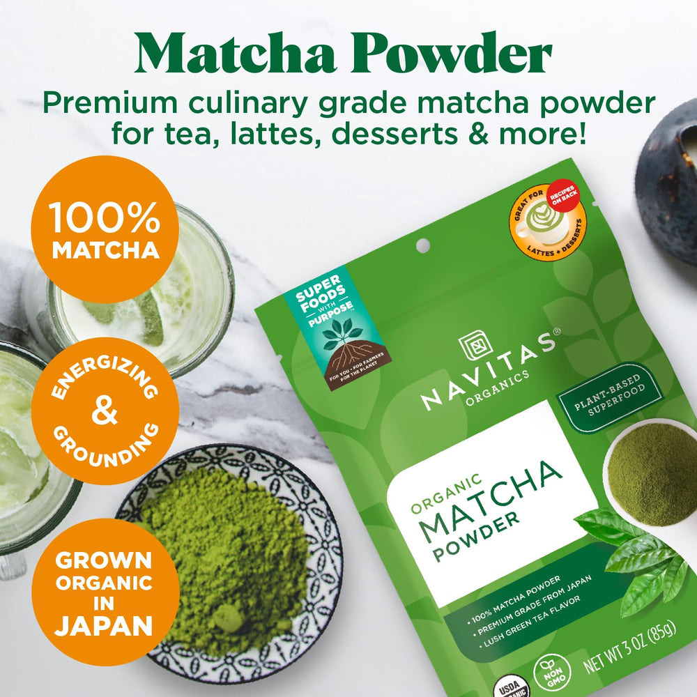 Navitas Organics polvo matcha textura fina y color verde intenso beneficios
