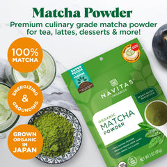 Navitas Organics polvo matcha textura fina y color verde intenso beneficios