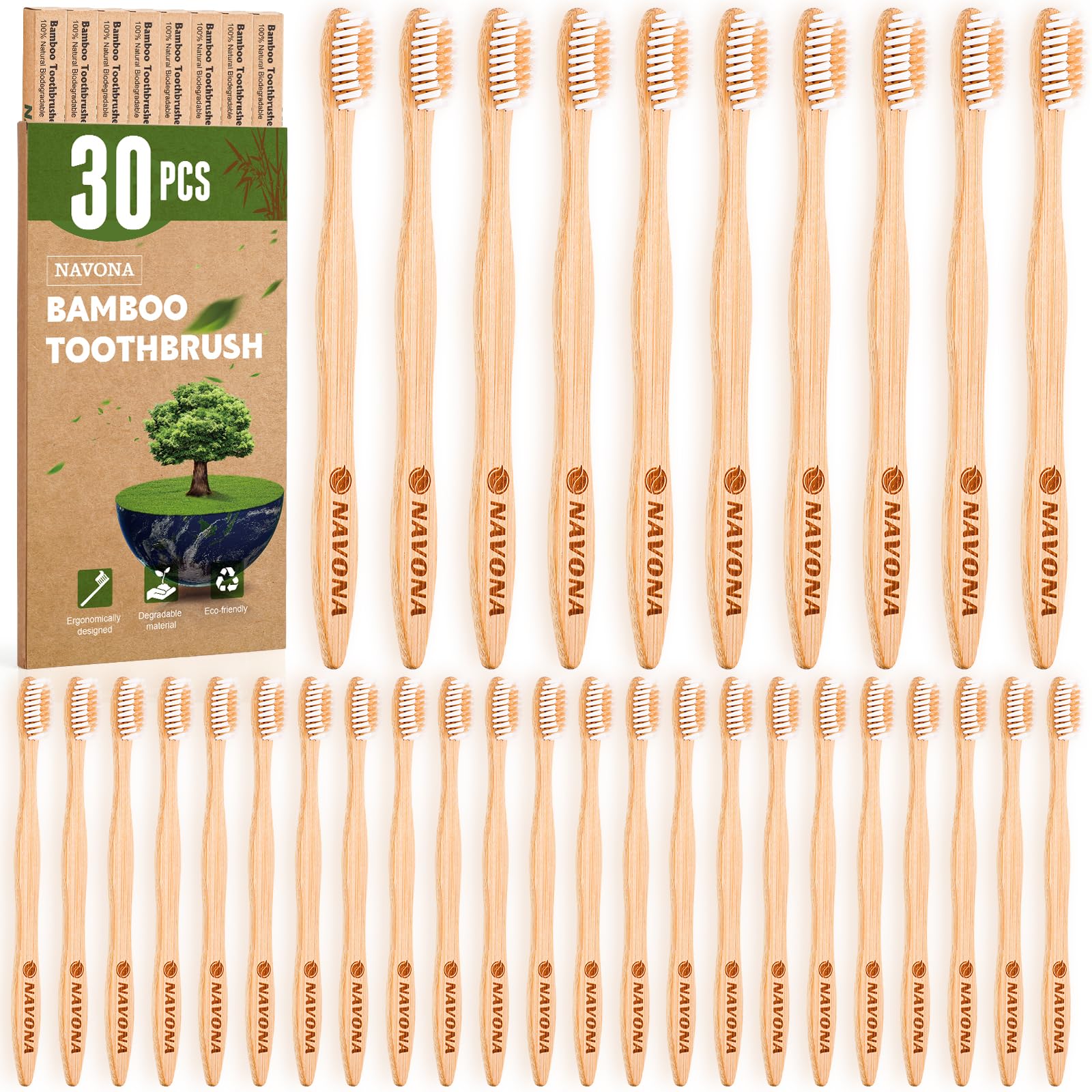 Navona cepillo de bambú frente mostrando mango natural y beneficio ecológico
