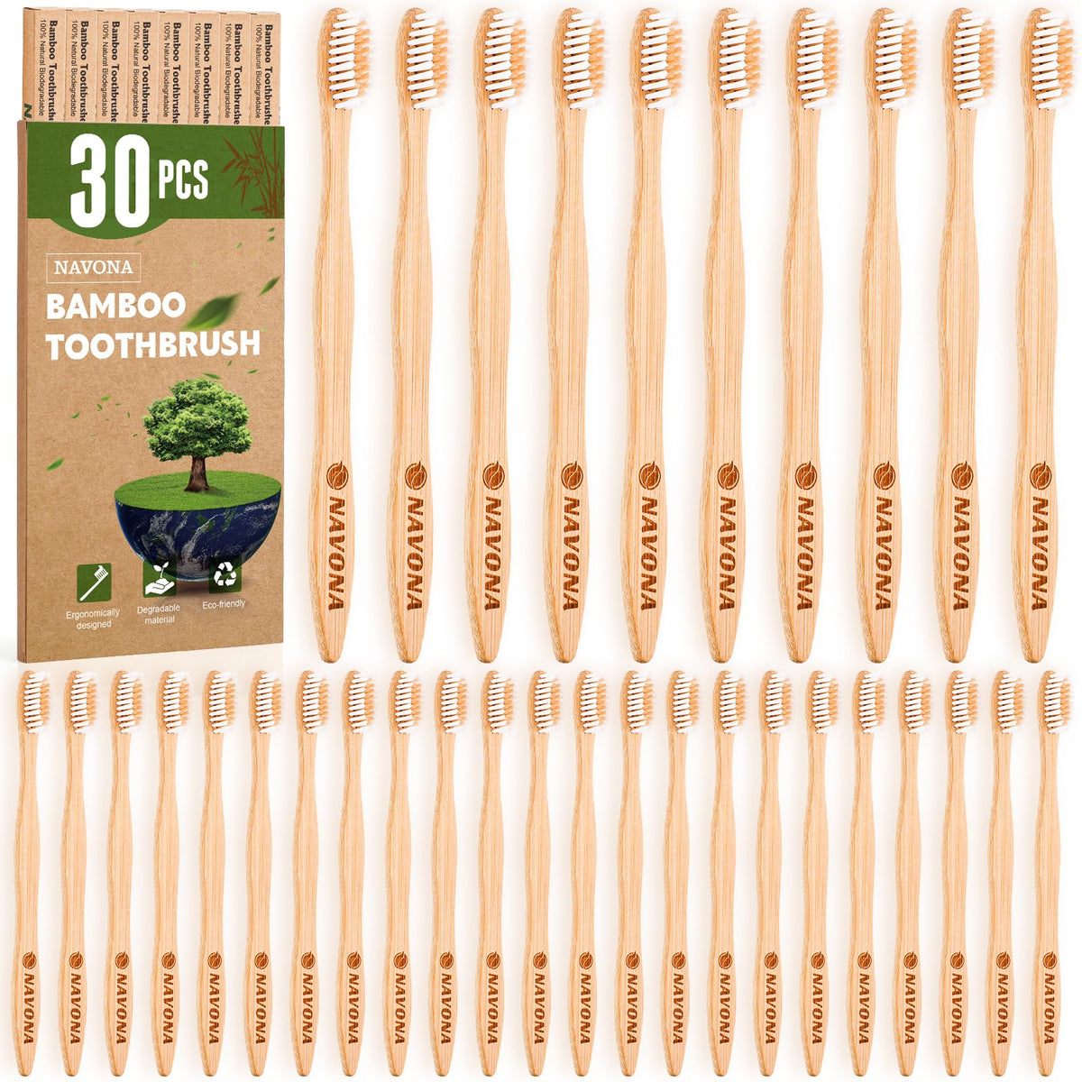 Navona cepillo de bambú frente mostrando mango natural y beneficio ecológico