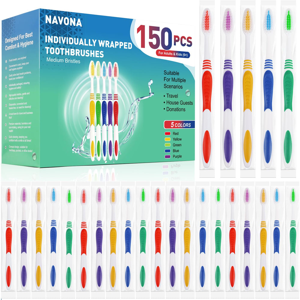 Navona frente del empaque mostrando 150 cepillos para almacenamiento práctico