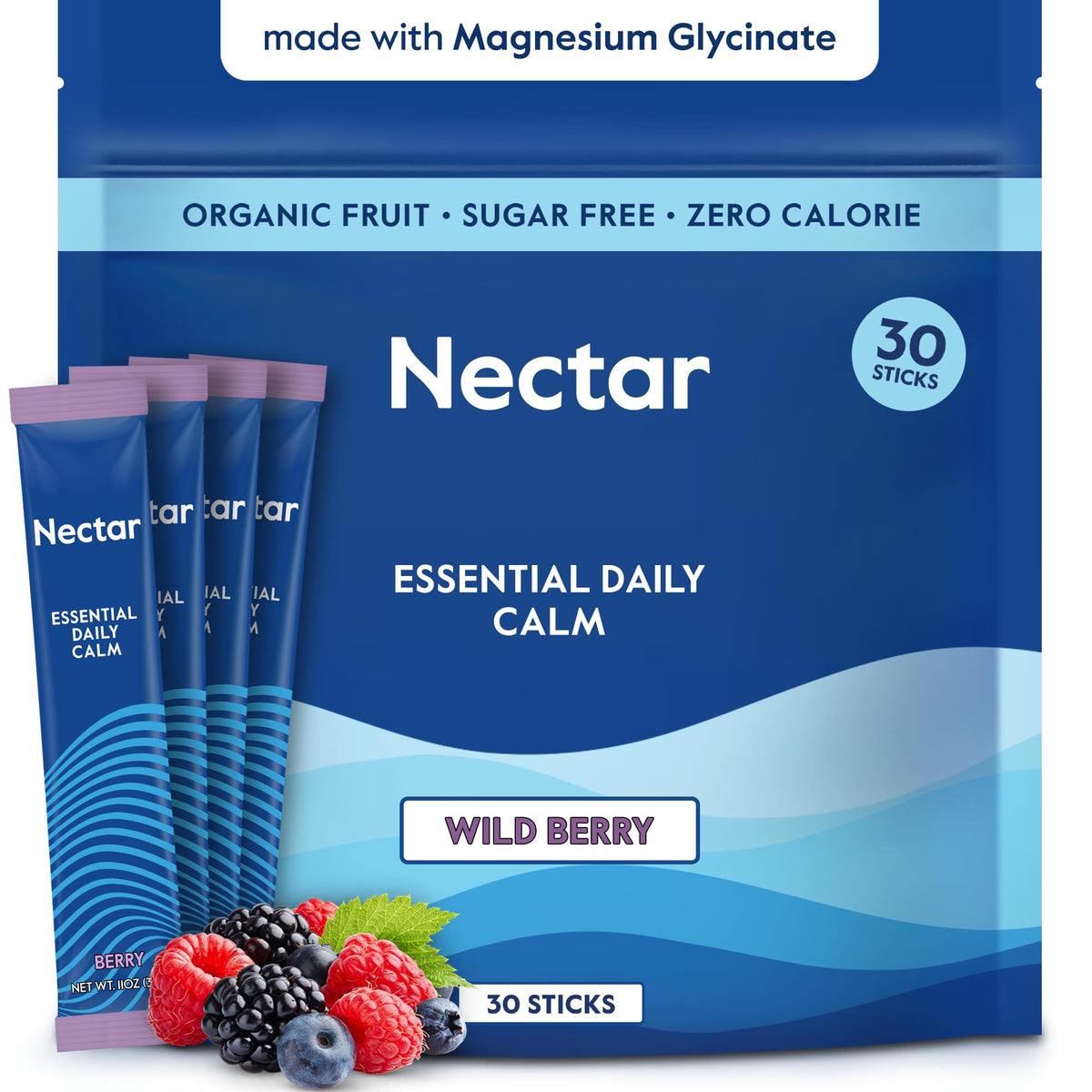 Nectar envase frontal con diseño berry, presenta beneficios claros y sin azúcar