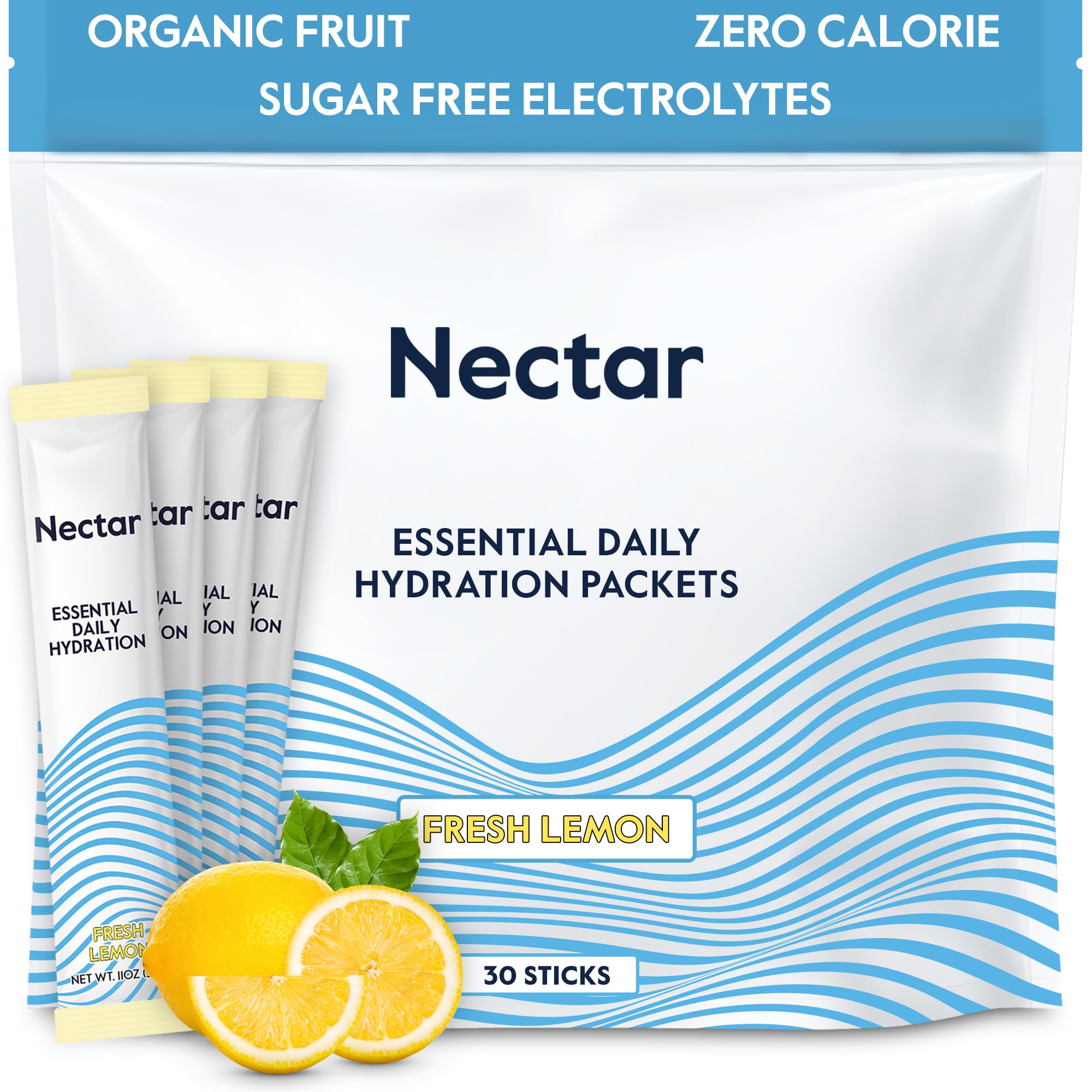 Nectar empaque frontal limón muestra 30 sobres y beneficio hidratación rápida