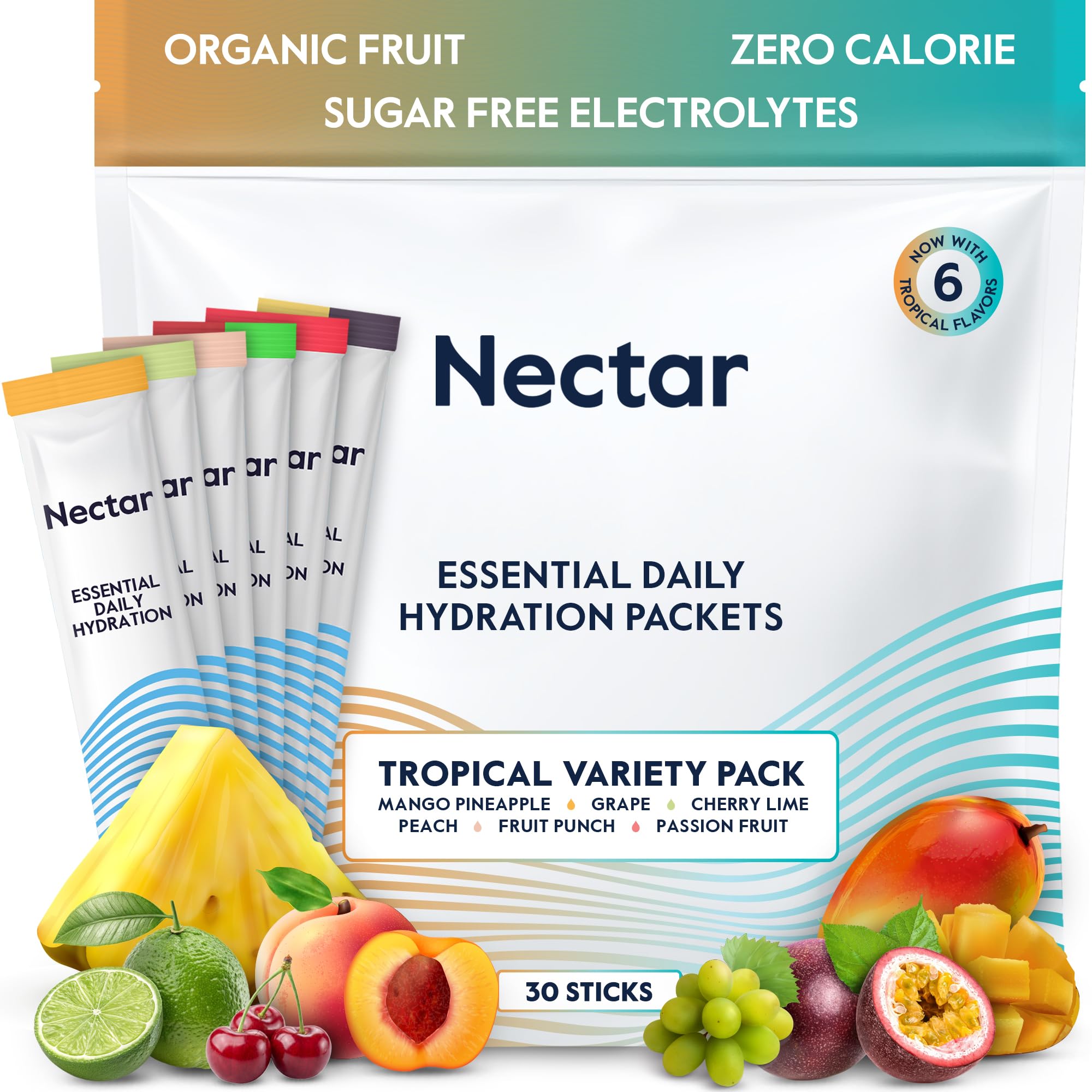 Nectar frente del empaque tropical mostrando 30 sobres y beneficio de hidratación rápida