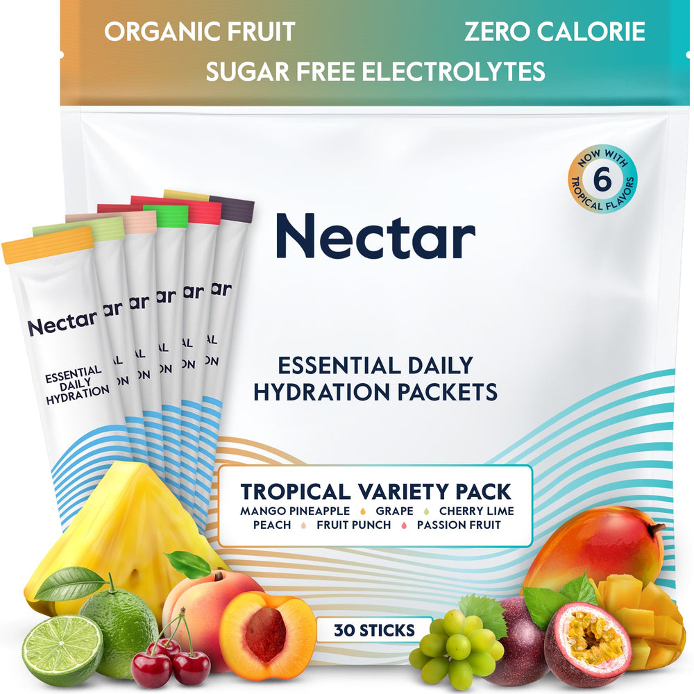Nectar frente del empaque tropical mostrando 30 sobres y beneficio de hidratación rápida