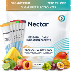 Nectar frente del empaque tropical mostrando 30 sobres y beneficio de hidratación rápida