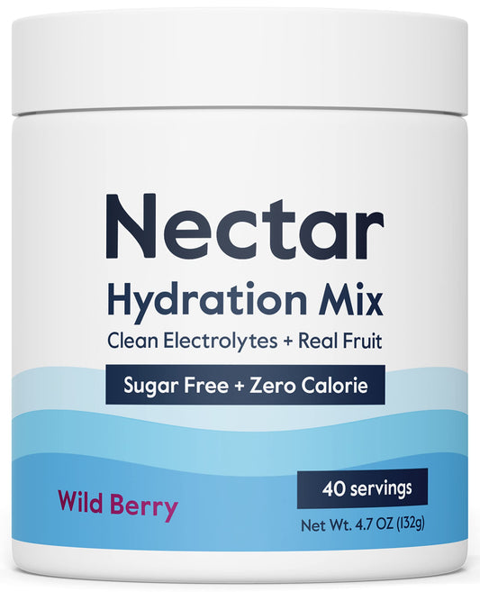 Nectar tubo frontal Berry mostrando envase y porciones, hidratación rápida