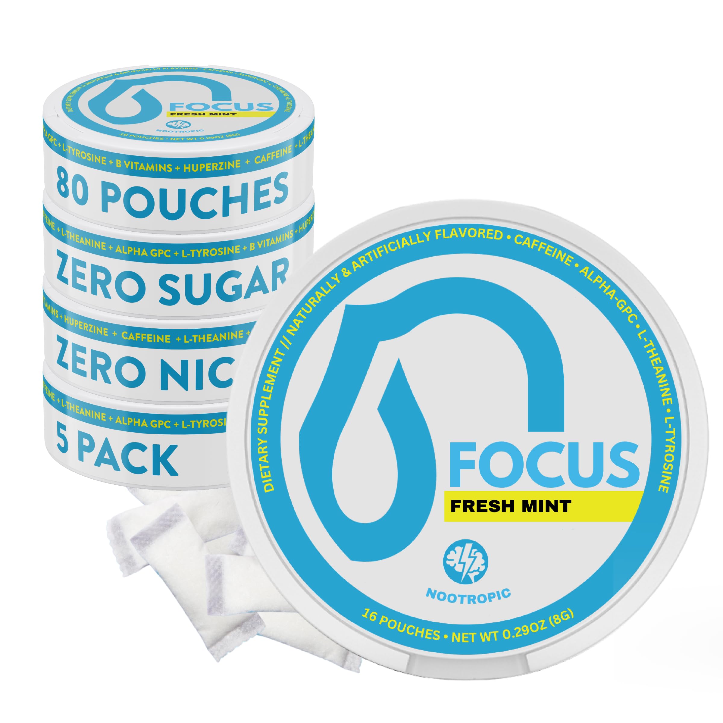 Nectr empaque frontal con pouches y menta, ofrece enfoque inmediato