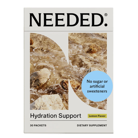 Needed frente del empaque mostrando 30 sobres y beneficios de hidratación