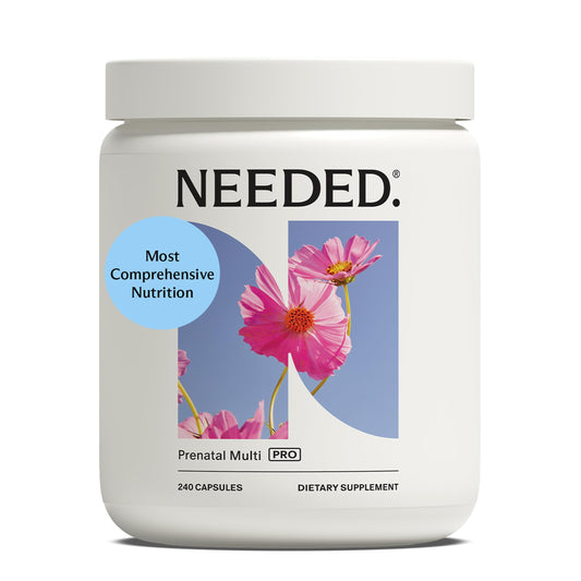 Needed Prenatal Multi Pro frente del envase mostrando la etiqueta y beneficios