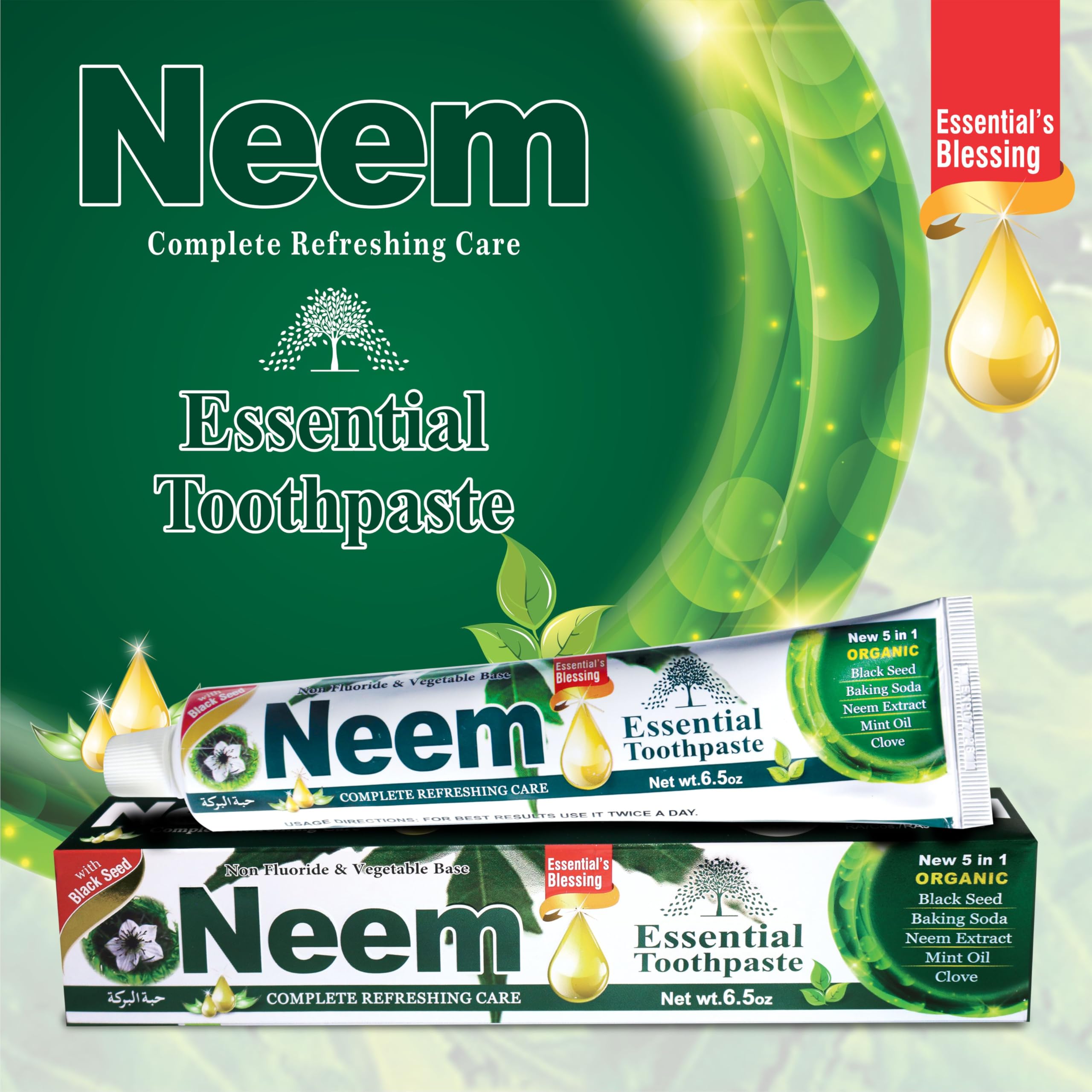 NEEM Essential Toothpaste comparación de tamaño con mano, volumen de 6.53 oz claro
