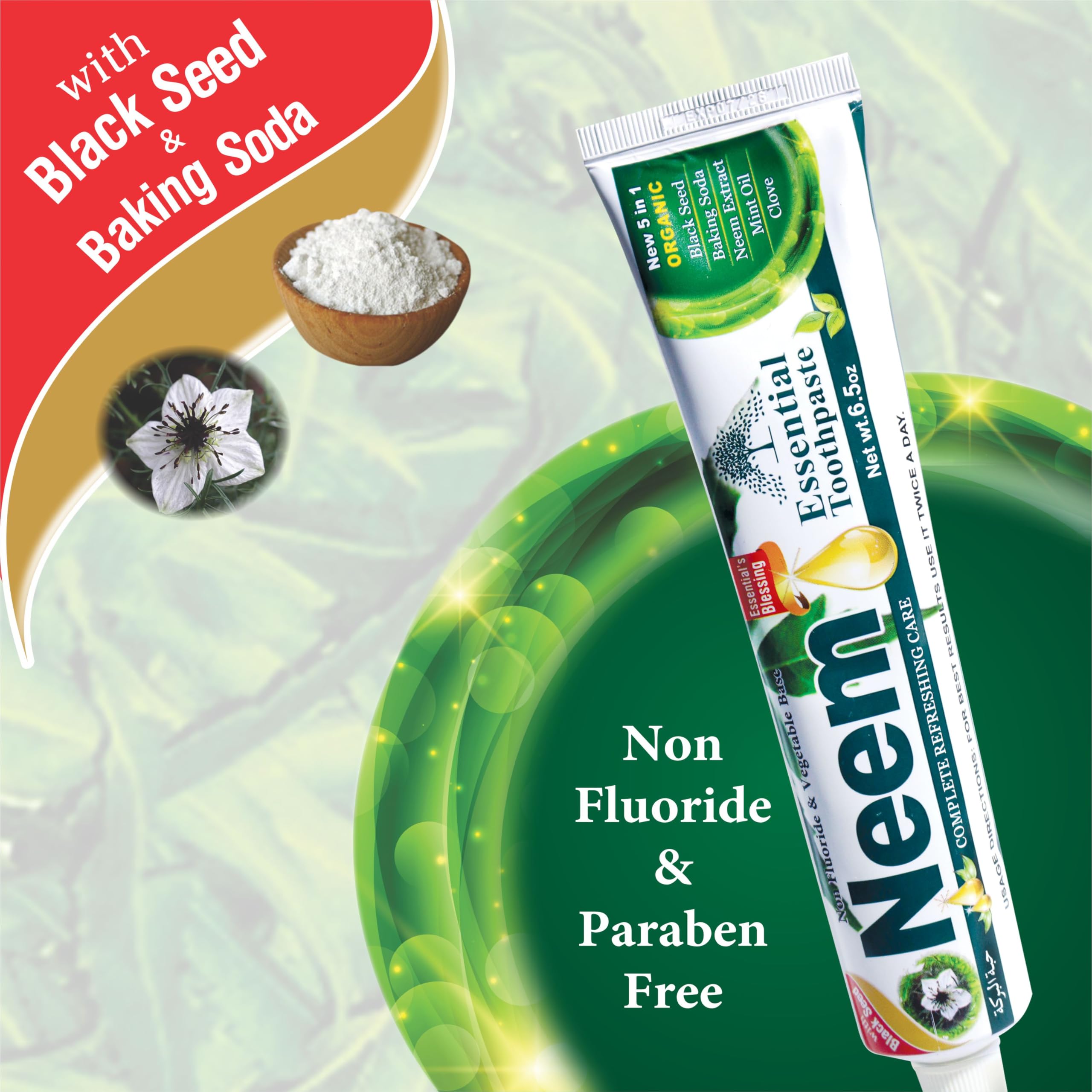 NEEM Essential Toothpaste textura de la pasta en primer plano, aspecto natural y cremosa