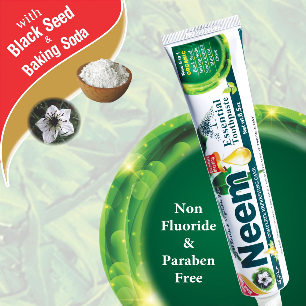 NEEM Essential Toothpaste textura de la pasta en primer plano, aspecto natural y cremosa