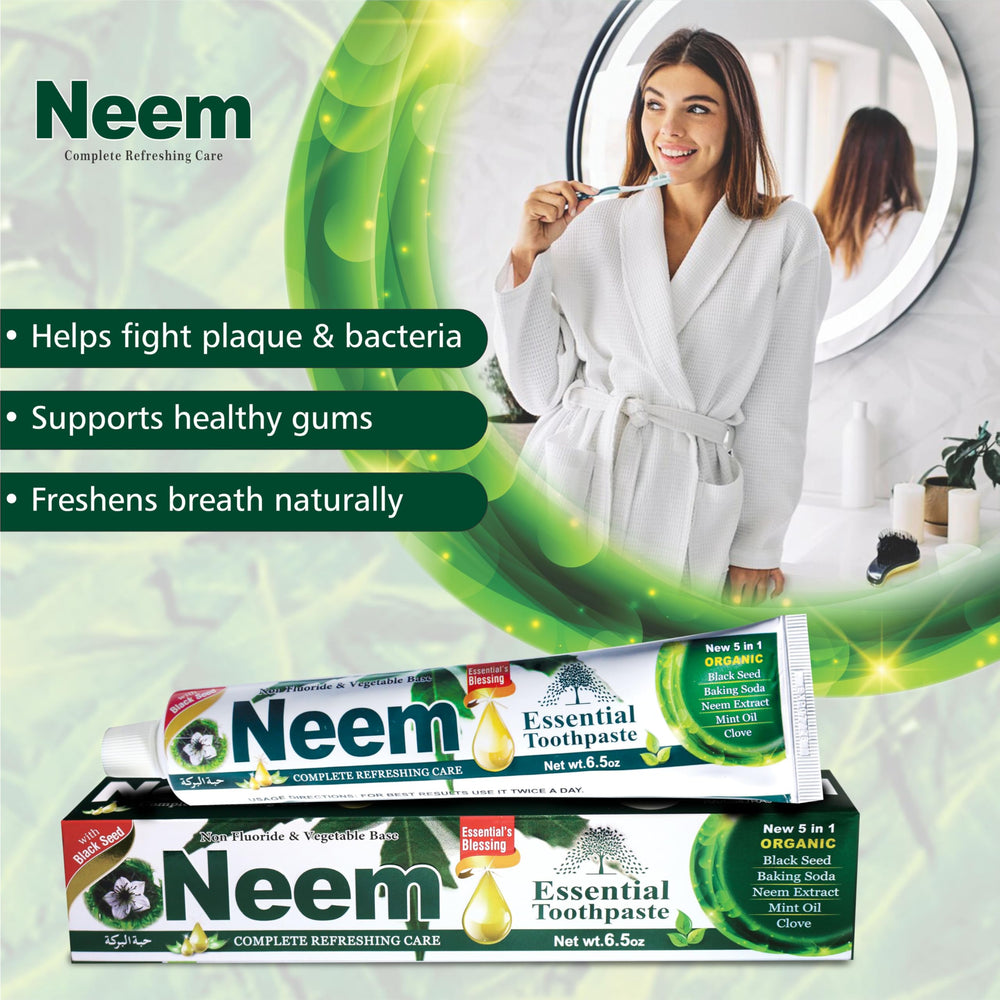 NEEM Essential Toothpaste en baño moderno, transmite uso cotidiano y frescura