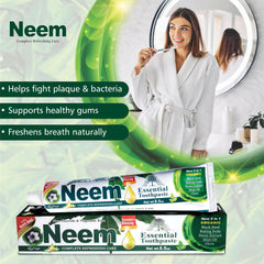 NEEM Essential Toothpaste en baño moderno, transmite uso cotidiano y frescura