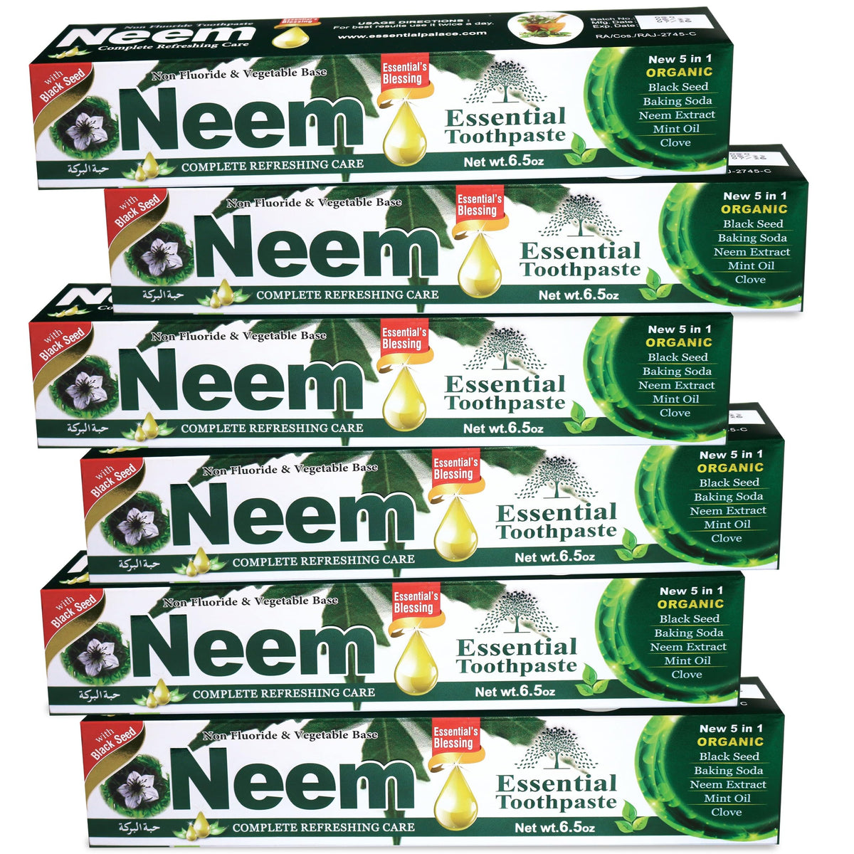 NEEM Essential Toothpaste frente del empaque mostrando pack de seis, conveniencia familiar