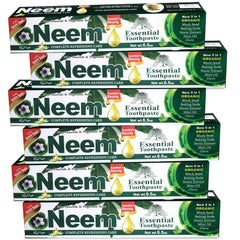 NEEM Essential Toothpaste frente del empaque mostrando pack de seis, conveniencia familiar