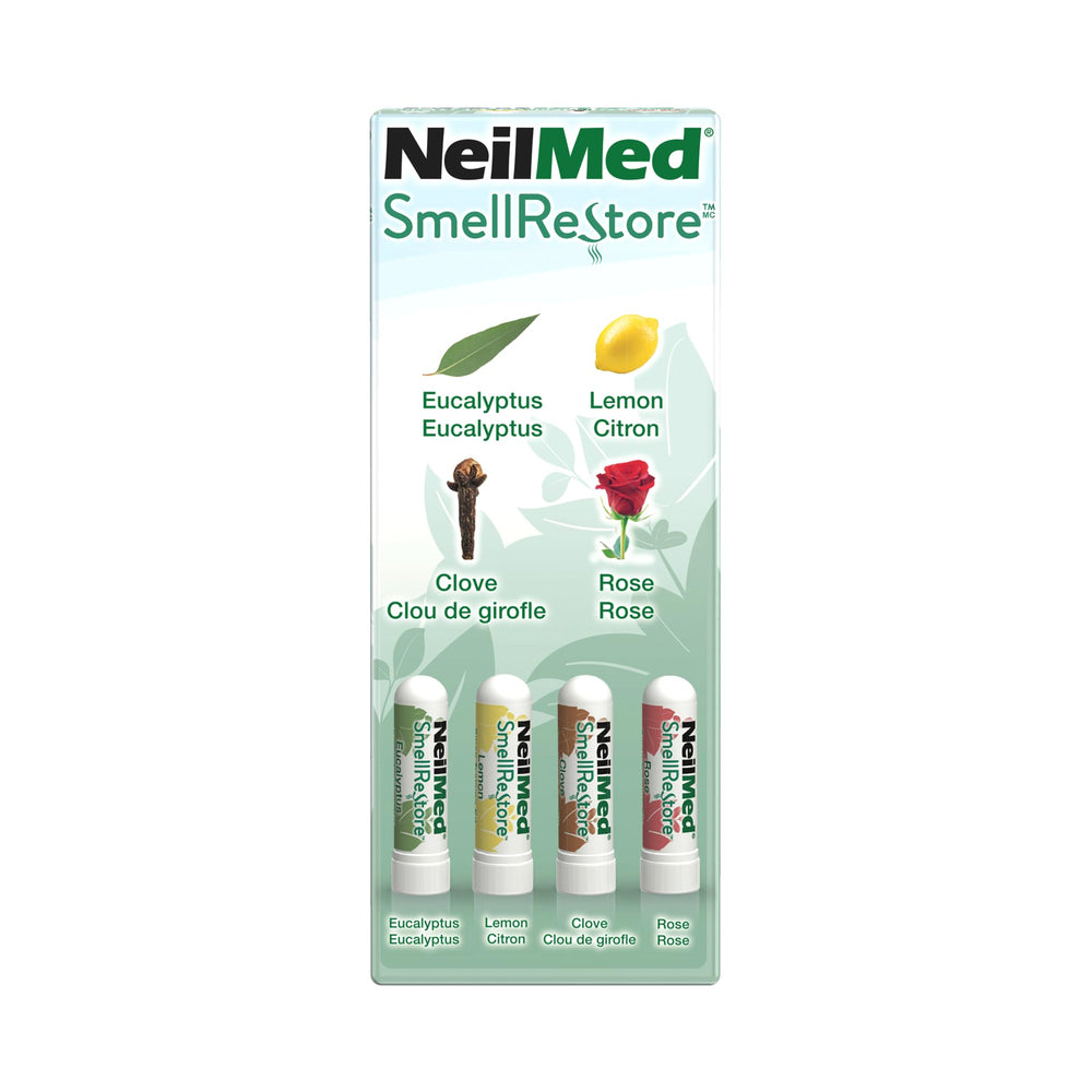 NeilMed detalle de la etiqueta del inhalador de rosa que indica aroma natural y claridad