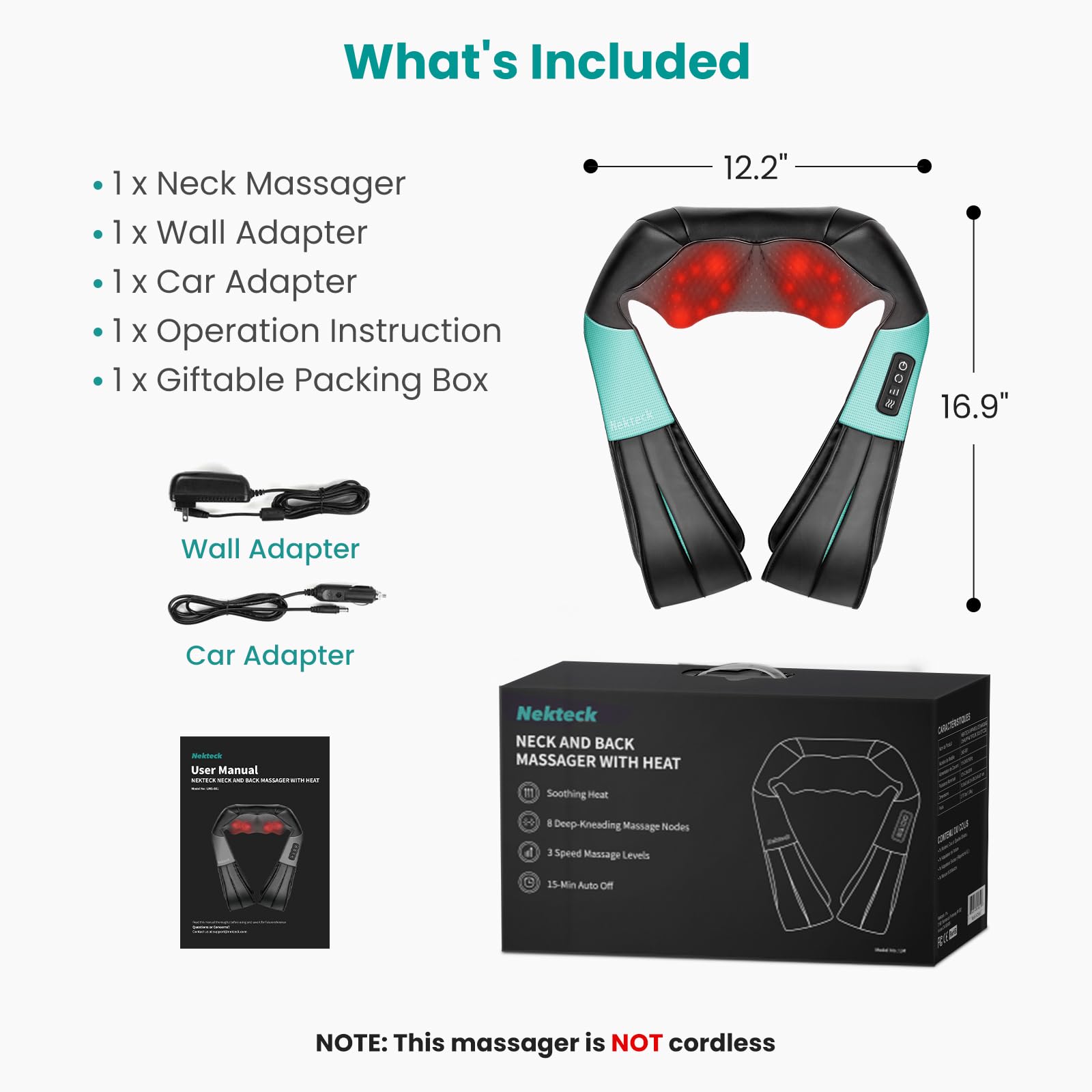 Nekteck panel de controles y etiqueta mostrando opciones de calor y seguridad