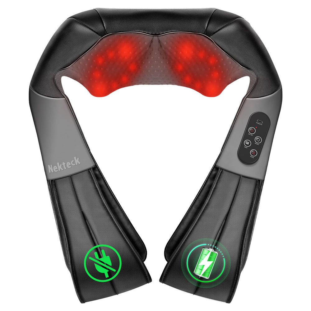 Nekteck vista frontal del masajeador mostrando diseño ergonómico y comodidad