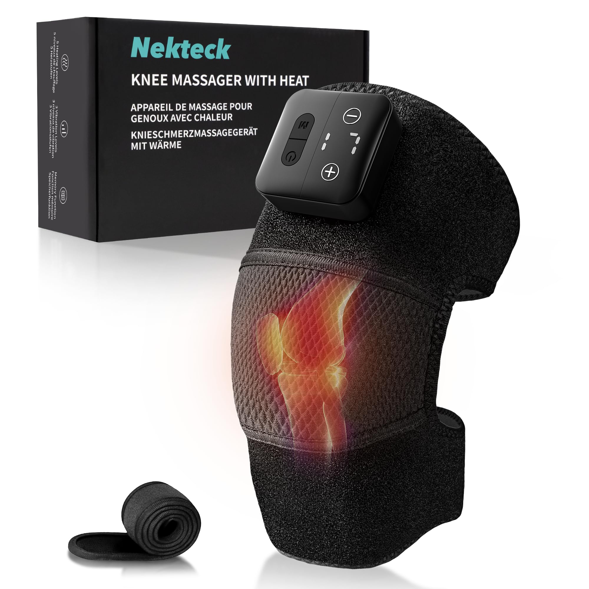 Nekteck vista frontal del masajeador mostrando cobertura térmica envolvente y confort
