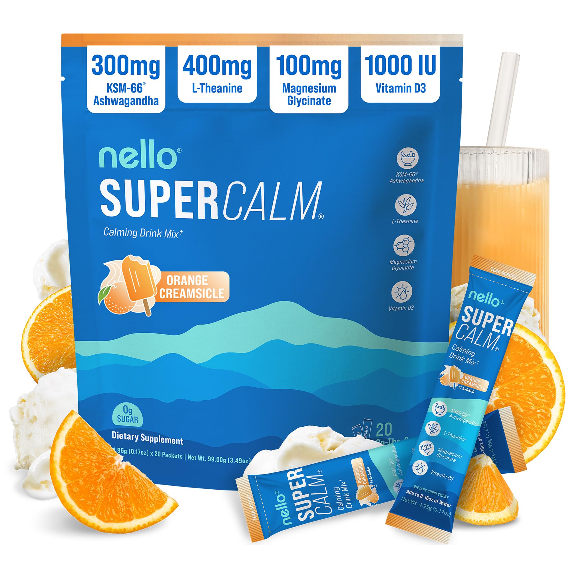 Nello envase frontal mostrando sabor Orange Creamsicle y beneficios visibles