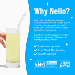 Envase Nello SuperCalm junto a objetos cotidianos para comparar tamaño práctico