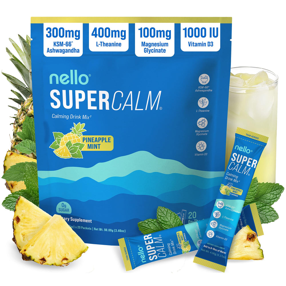 Nello Supercalm frente del empaque mostrando sabor piña menta y beneficios claros