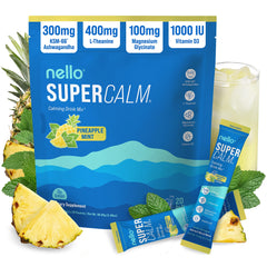 Nello Supercalm frente del empaque mostrando sabor piña menta y beneficios claros