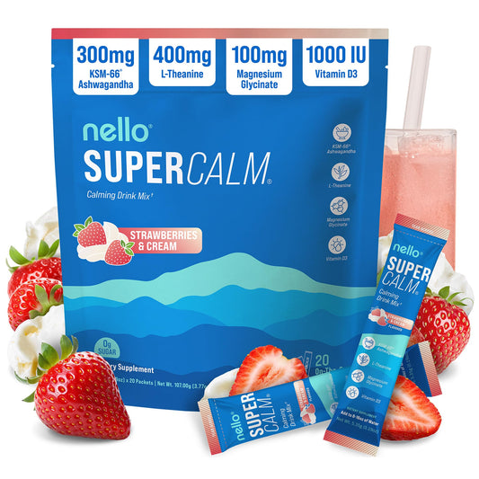 Nello Supercalm frente del empaque mostrando sabor fresas y crema y presentación clara