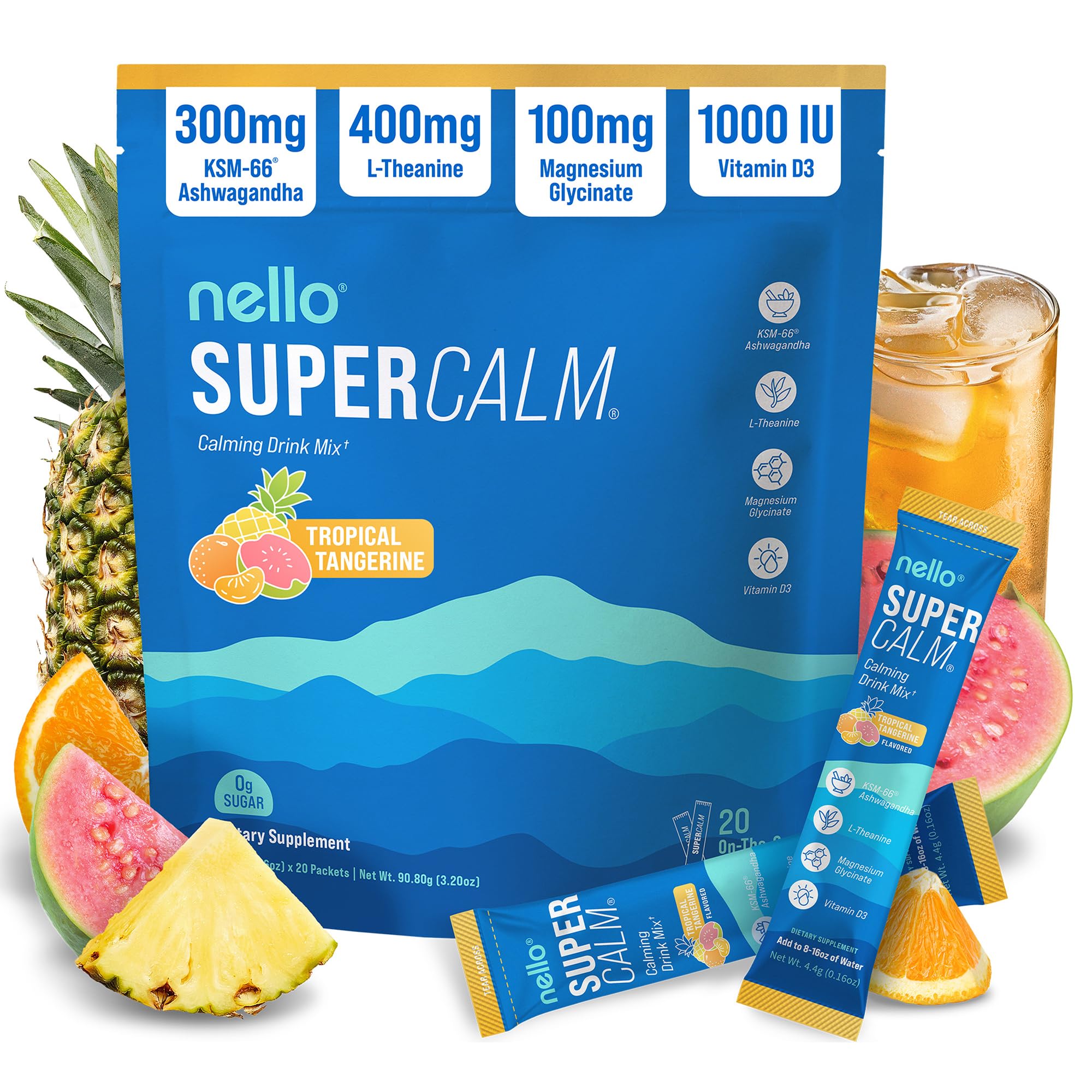 Nello SuperCalm empaque frontal mostrando sabor y beneficios