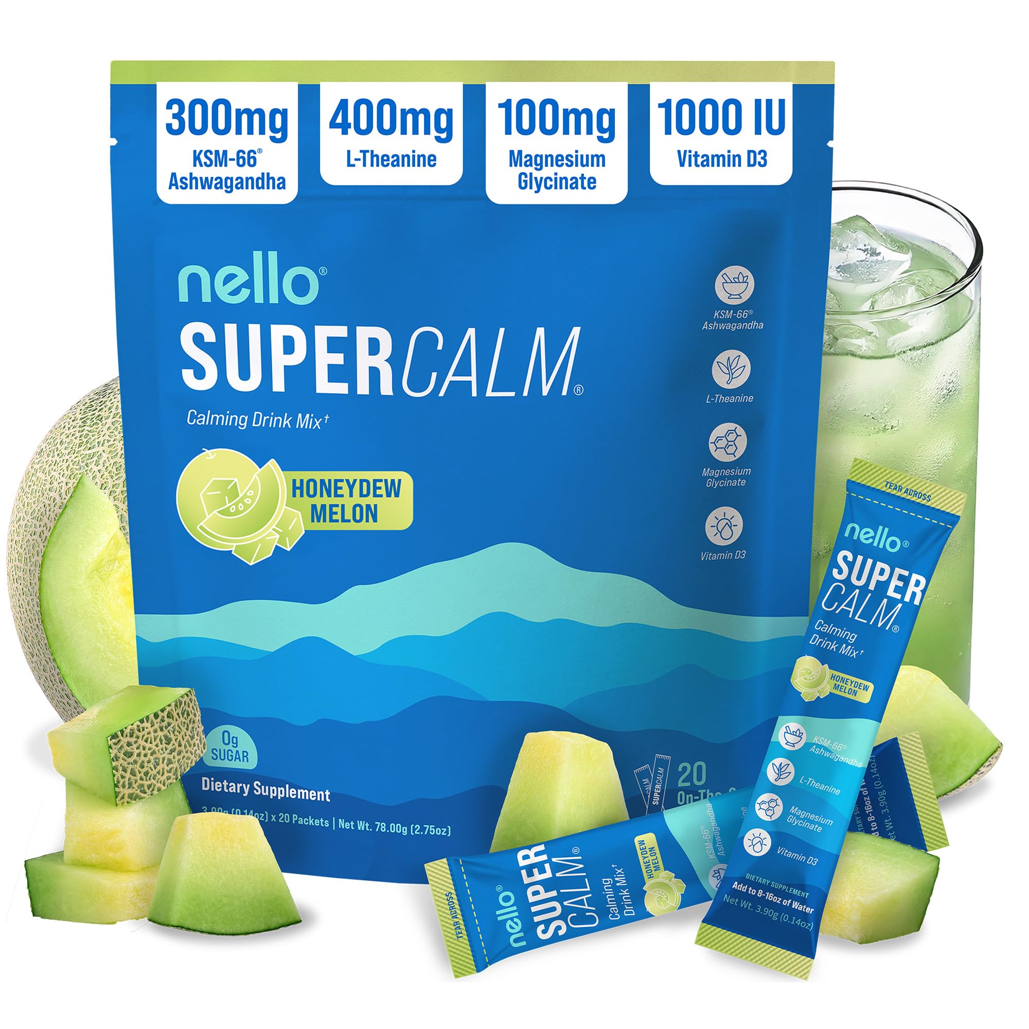 Nello SuperCalm frente del empaque mostrando diseño y sabor melón honeydew, práctico para llevar