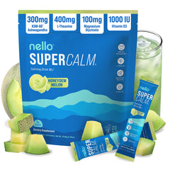Nello SuperCalm frente del empaque mostrando diseño y sabor melón honeydew, práctico para llevar