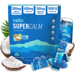 Nello frente del empaque mostrando sobres y sabor blue coconut, práctico