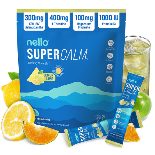 Nello SuperCalm frente del empaque mostrando sabor limón lima y beneficio de relajación